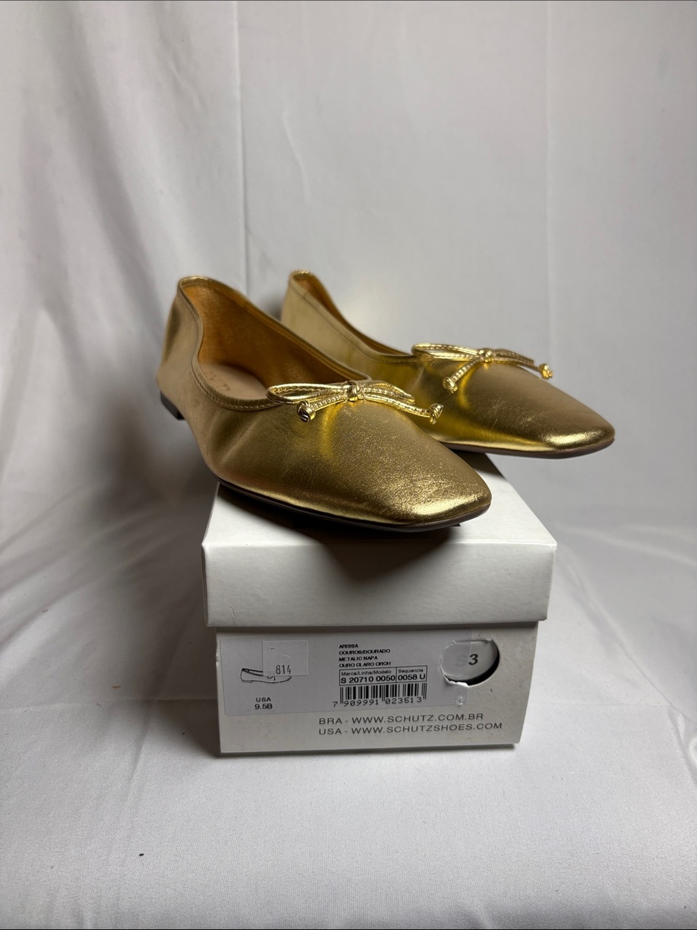 SCHUTZ Metallic Gold Pointed-Toe Ballet Flats with Bow size 9.5